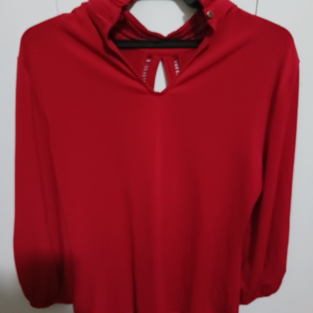 7th Avenue Red Long-Sleeve Blouse with Keyhole and Ruffles Women's Size S - Picture 2 of 4